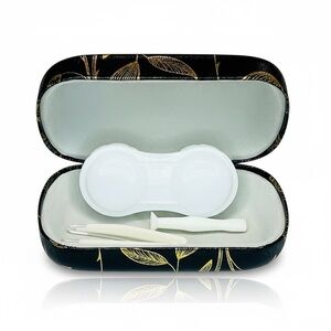 Dual Contact Lens and Eyeglasses Travel Case in Black and Gold Leaf Roses